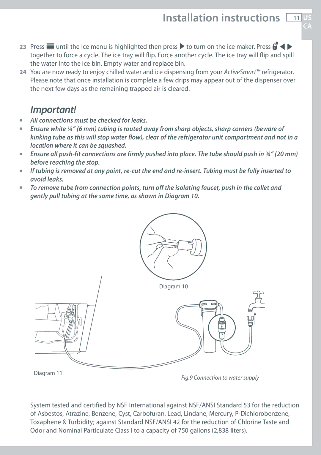 Fisher & Paykel RF135, RF170 installation instructions Connection to water supply 