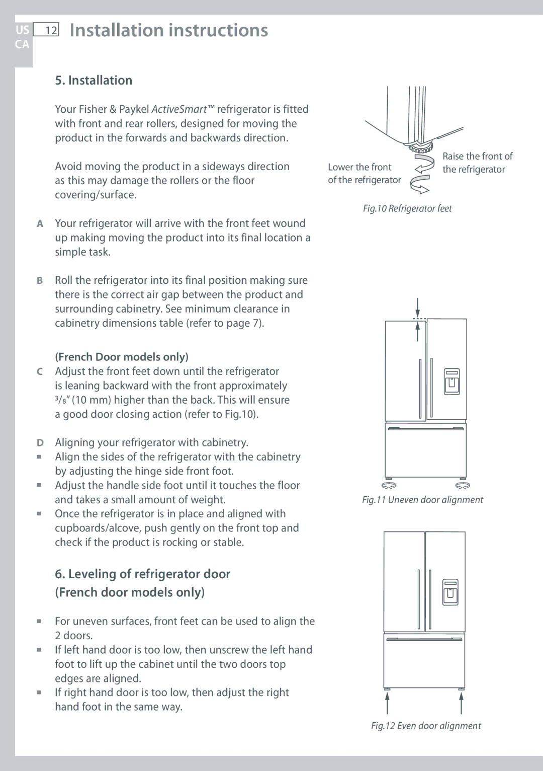 Fisher & Paykel RF170, RF135 installation instructions US 12 Installation instructions, French Door models only 
