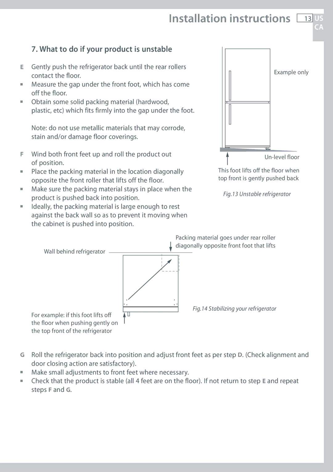 Fisher & Paykel RF135, RF170 installation instructions What to do if your product is unstable, Wall behind refrigerator 