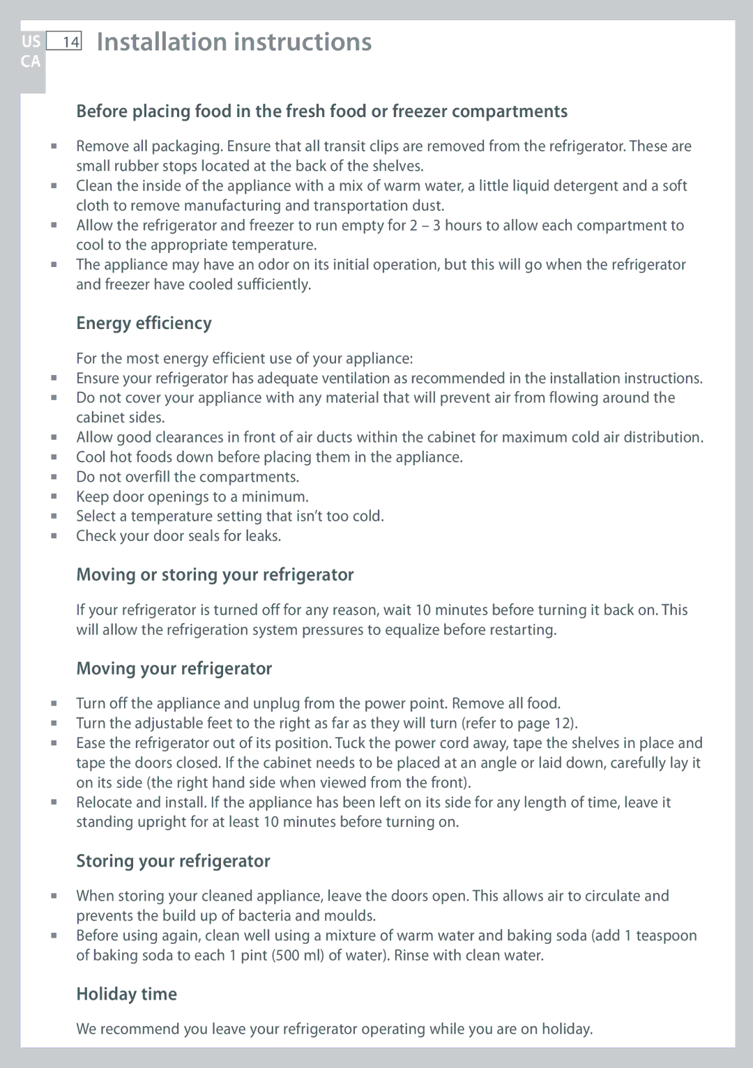 Fisher & Paykel RF170 Energy efficiency, Moving or storing your refrigerator, Moving your refrigerator, Holiday time 