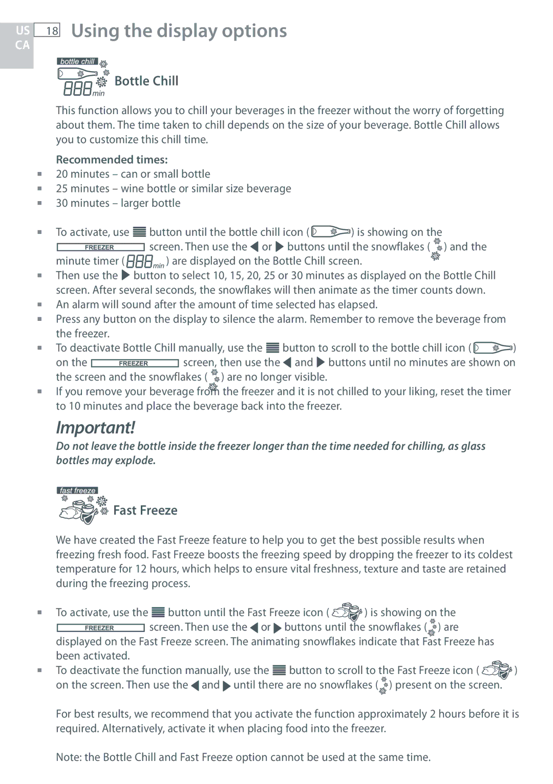 Fisher & Paykel RF170, RF135 Using the display options, Bottle Chill, Fast Freeze, Recommended times 