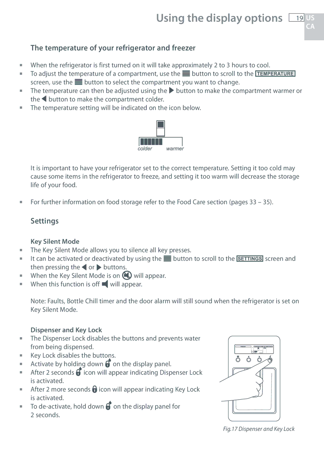 Fisher & Paykel RF135 Temperature of your refrigerator and freezer, Settings, Key Silent Mode, Dispenser and Key Lock 