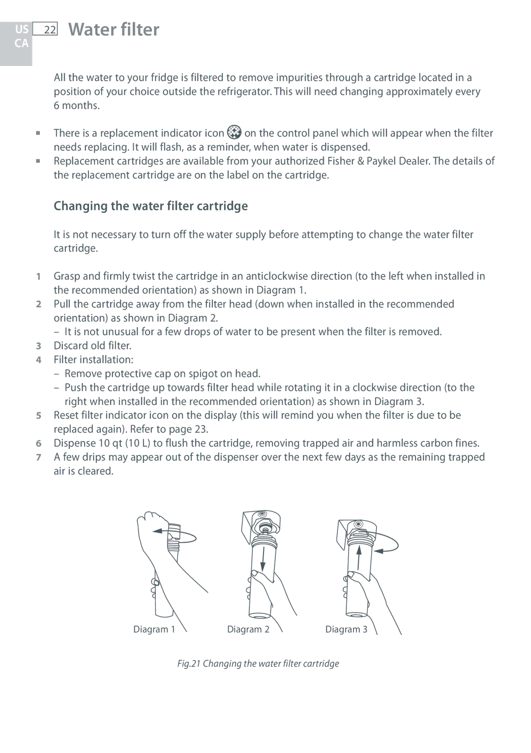 Fisher & Paykel RF170, RF135 installation instructions Water filter, Changing the water filter cartridge 