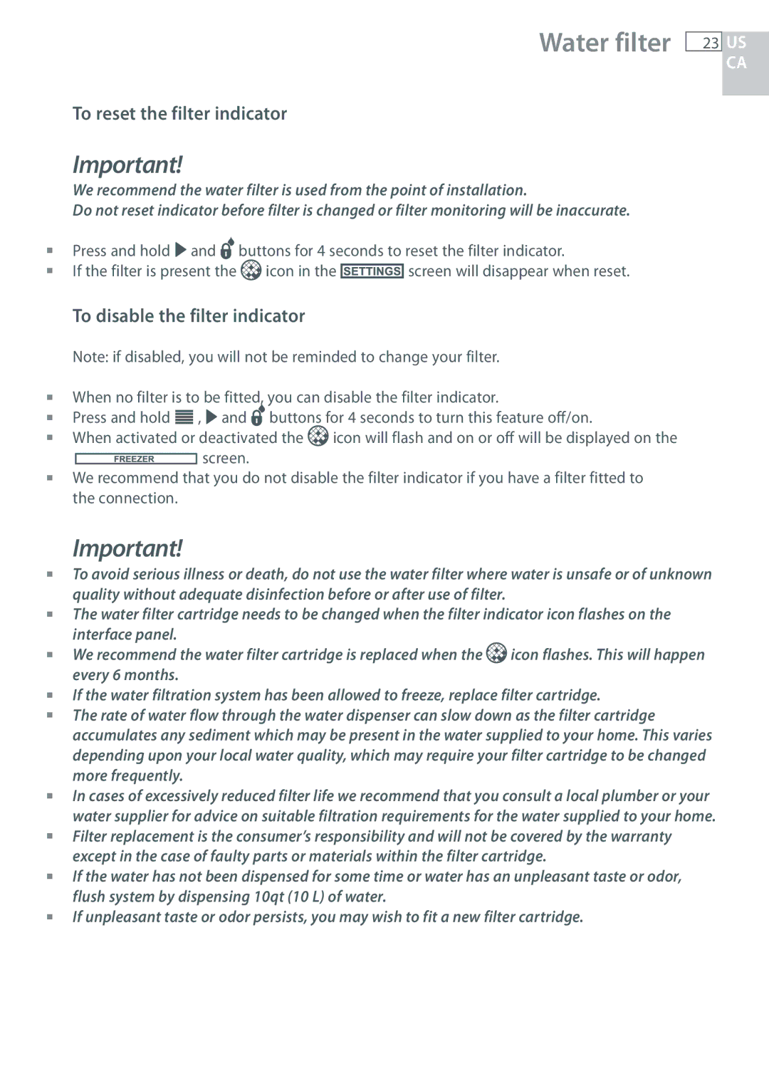 Fisher & Paykel RF135, RF170 installation instructions To reset the filter indicator, To disable the filter indicator 