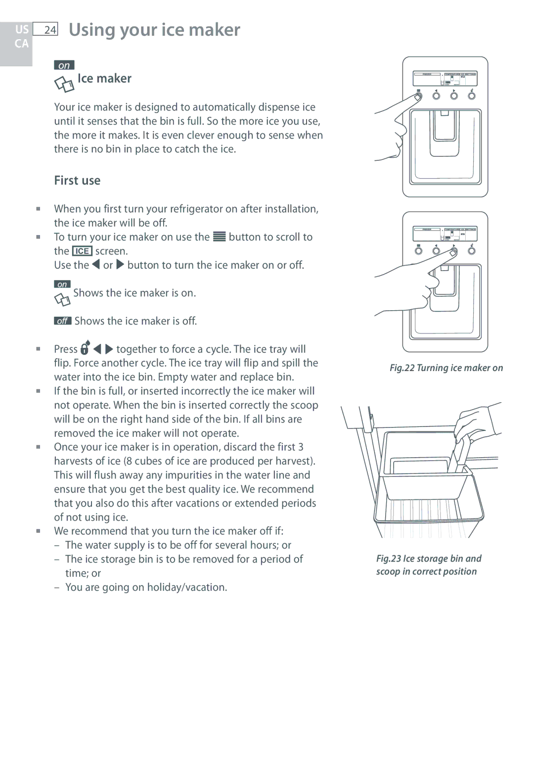 Fisher & Paykel RF170, RF135 installation instructions US 24 Using your ice maker, Ice maker 