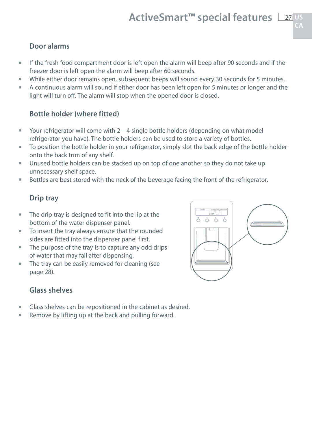 Fisher & Paykel RF135, RF170 installation instructions Door alarms, Bottle holder where fitted, Drip tray, Glass shelves 