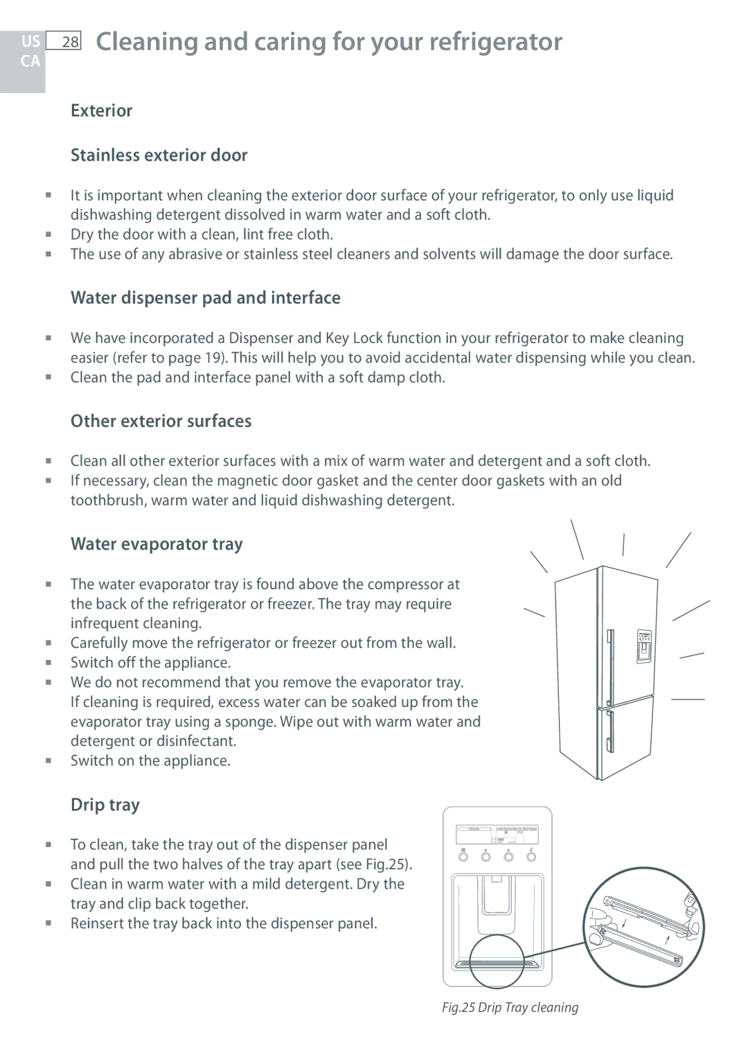 Fisher & Paykel RF170 Cleaning and caring for your refrigerator, Exterior Stainless exterior door, Other exterior surfaces 