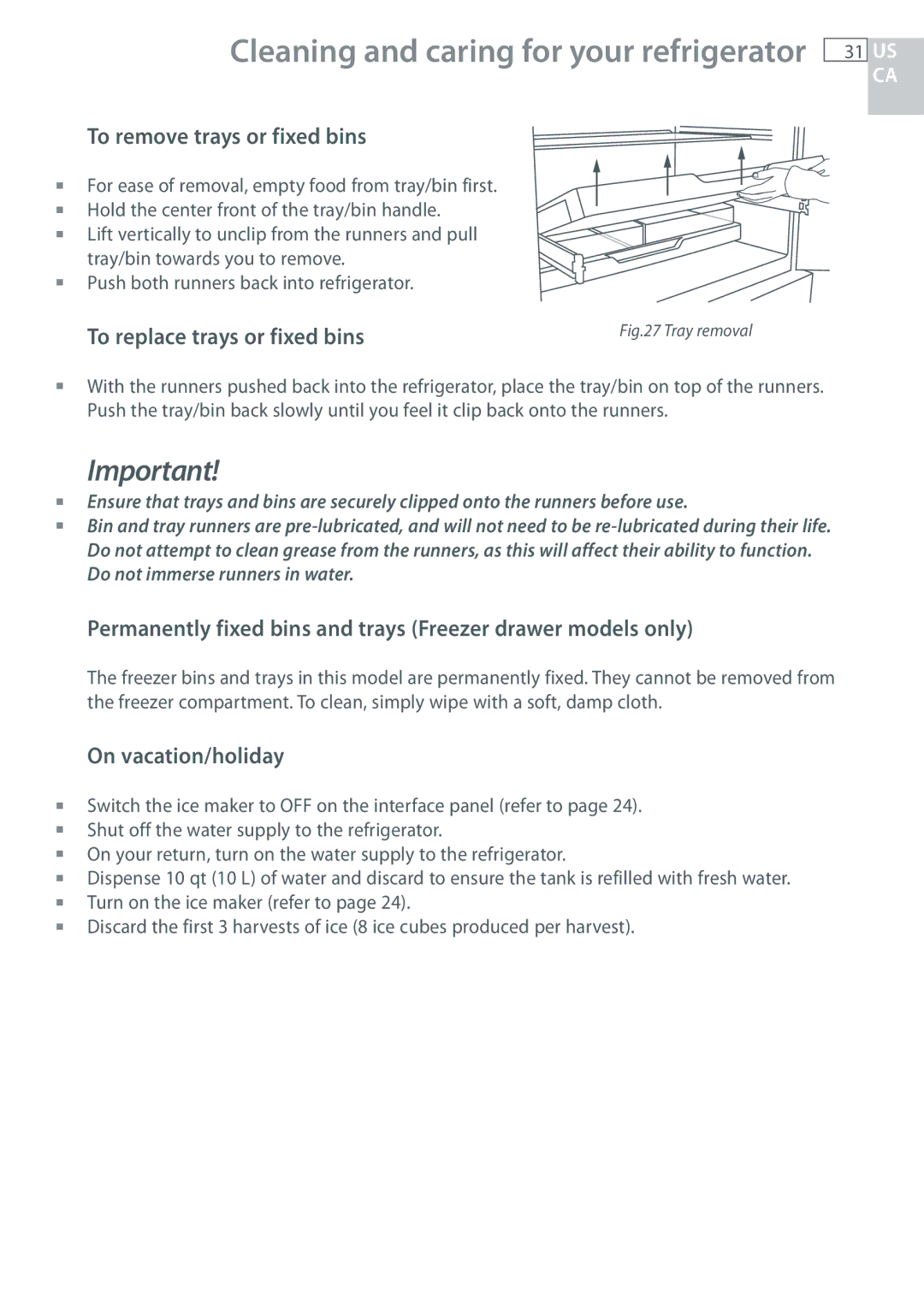 Fisher & Paykel RF135, RF170 To remove trays or fixed bins, Permanently fixed bins and trays Freezer drawer models only 