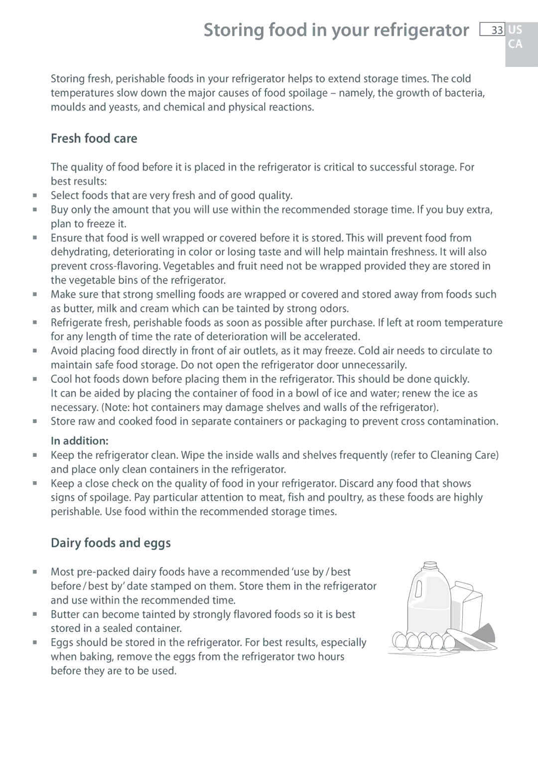 Fisher & Paykel RF135, RF170 Fresh food care, Dairy foods and eggs, Addition, Use within the recommended time 