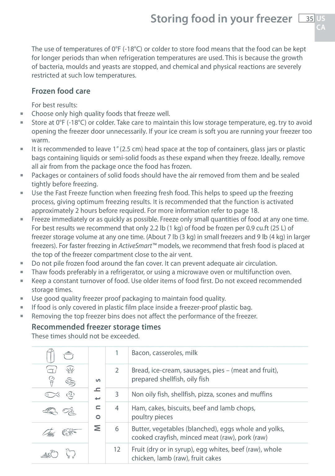 Fisher & Paykel RF135, RF170 Frozen food care, Recommended freezer storage times, These times should not be exceeded 