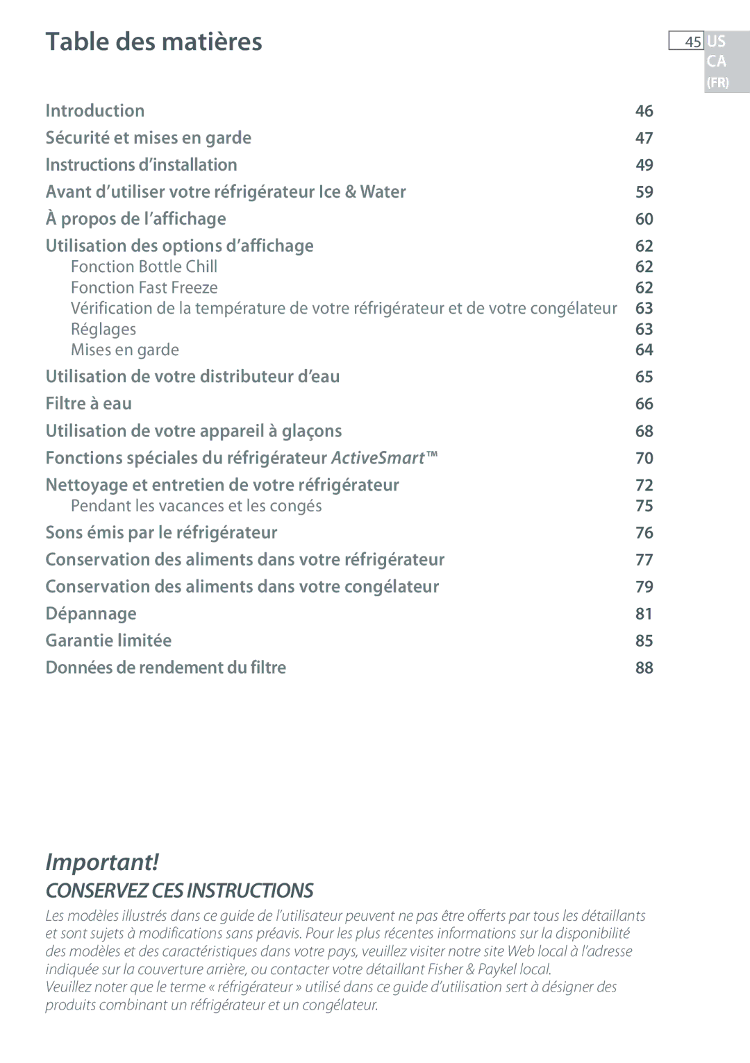 Fisher & Paykel RF135, RF170 installation instructions Table des matières 