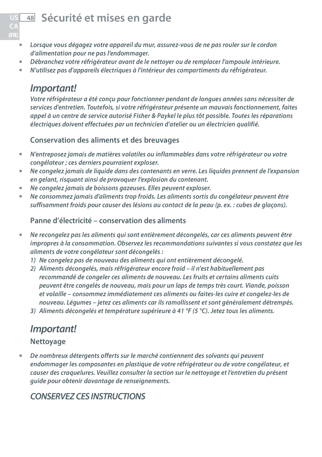 Fisher & Paykel RF170 Conservation des aliments et des breuvages, Panne d’électricité conservation des aliments, Nettoyage 