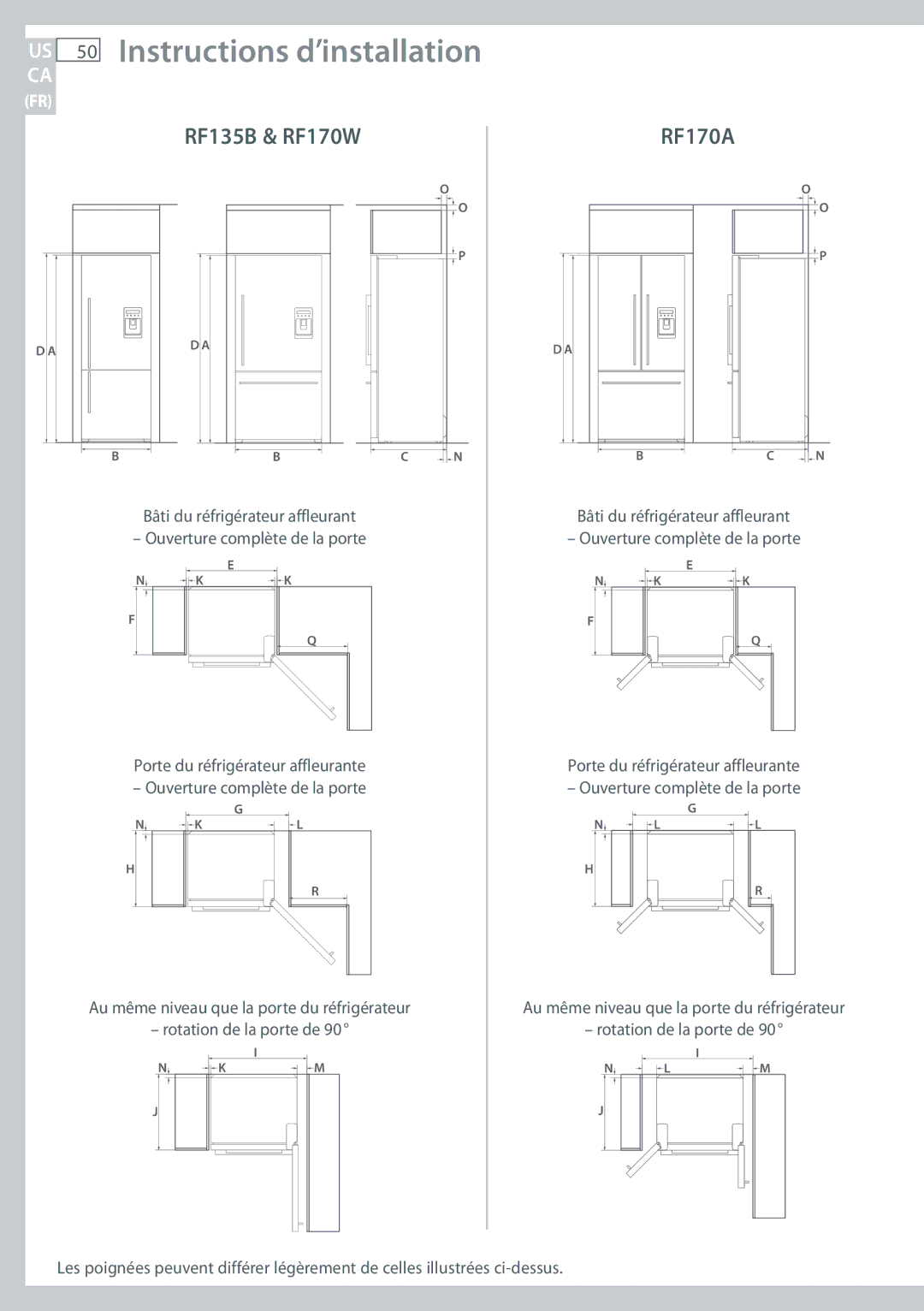 Fisher & Paykel installation instructions US 50 Instructions d’installation, RF135B & RF170W 