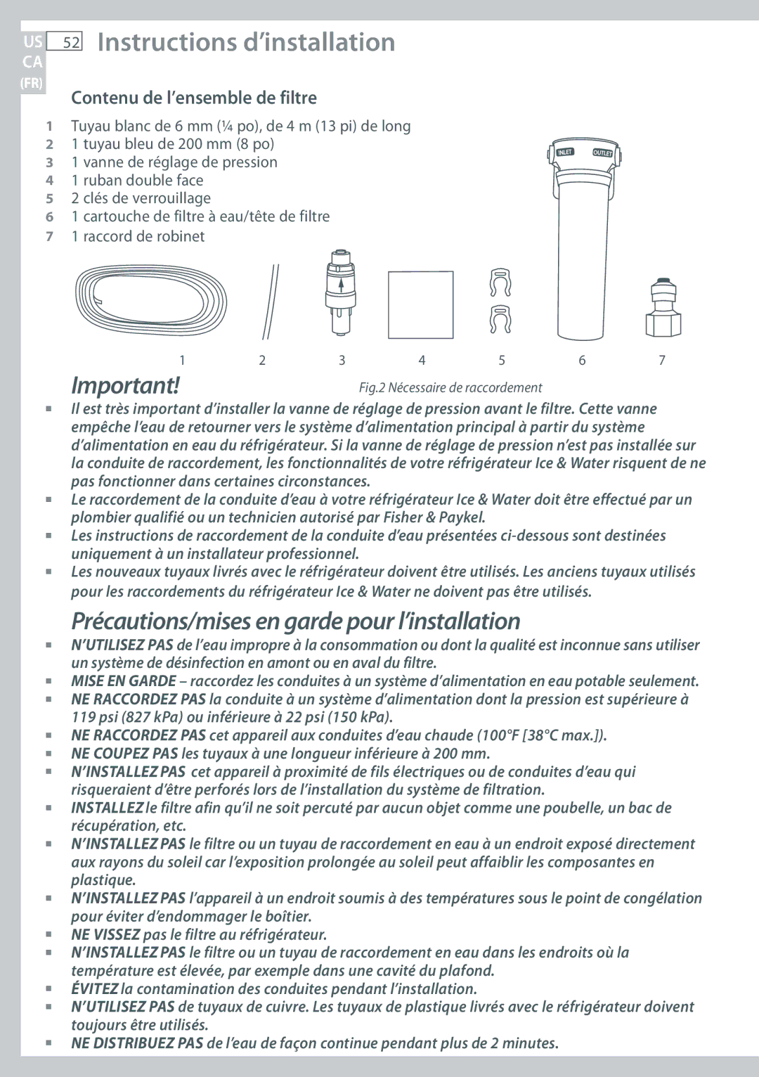 Fisher & Paykel RF170, RF135 Précautions/mises en garde pour l’installation, Contenu de l’ensemble de filtre 