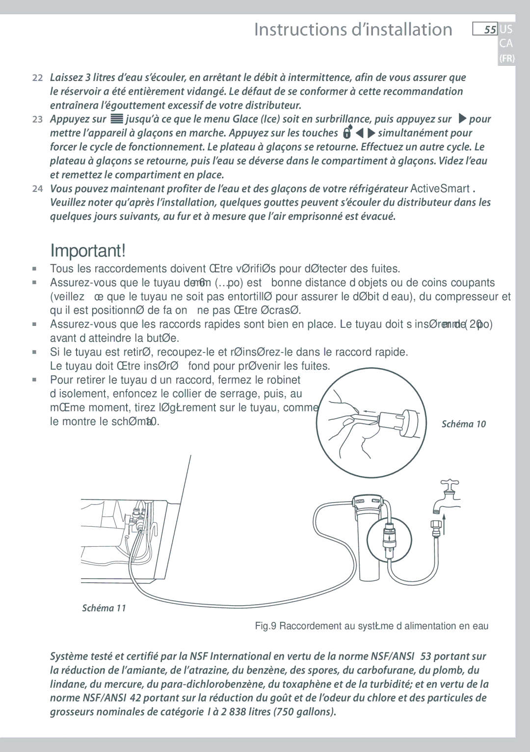 Fisher & Paykel RF135, RF170 installation instructions Raccordement au système d’alimentation en eau 