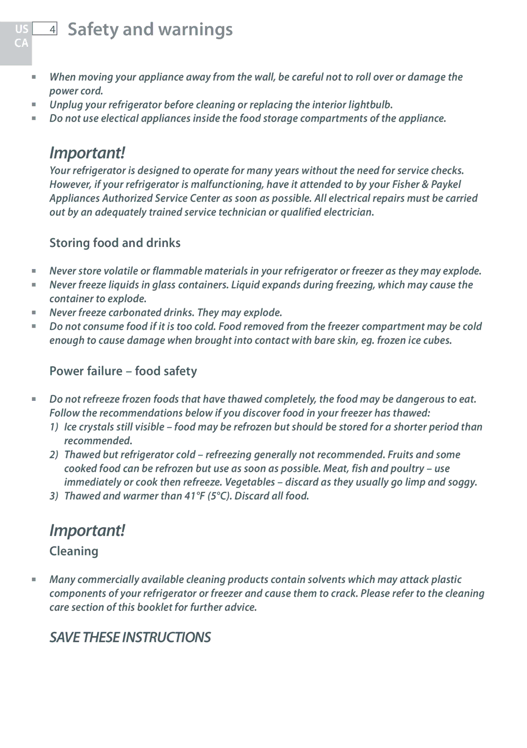 Fisher & Paykel RF170, RF135 installation instructions Storing food and drinks, Power failure food safety, Cleaning 