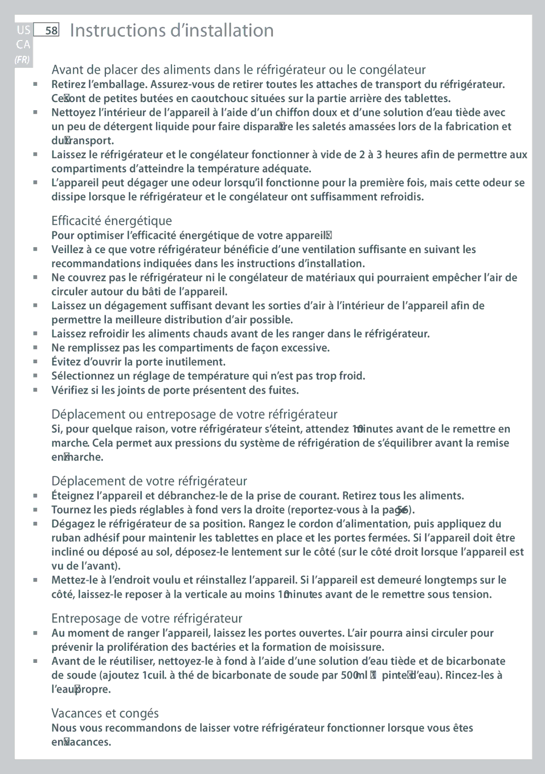 Fisher & Paykel RF170, RF135 Efficacité énergétique, Déplacement ou entreposage de votre réfrigérateur, Vacances et congés 