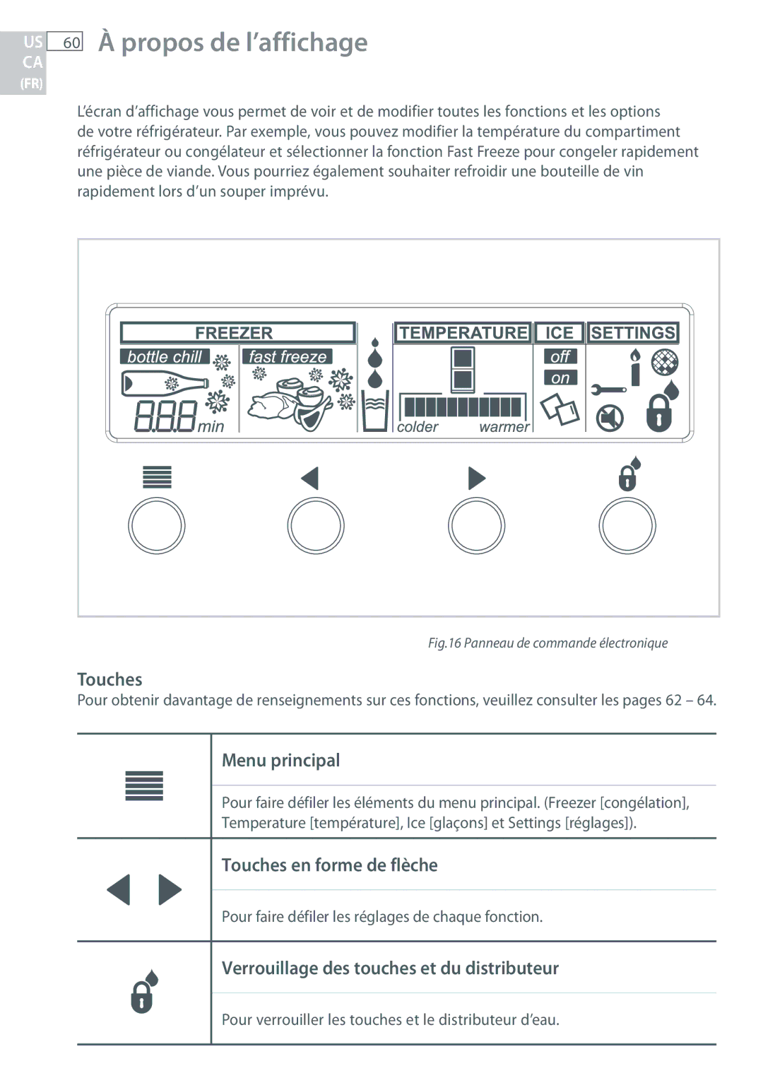 Fisher & Paykel RF170, RF135 60 À propos de l’affichage, Menu principal, Touches en forme de flèche 