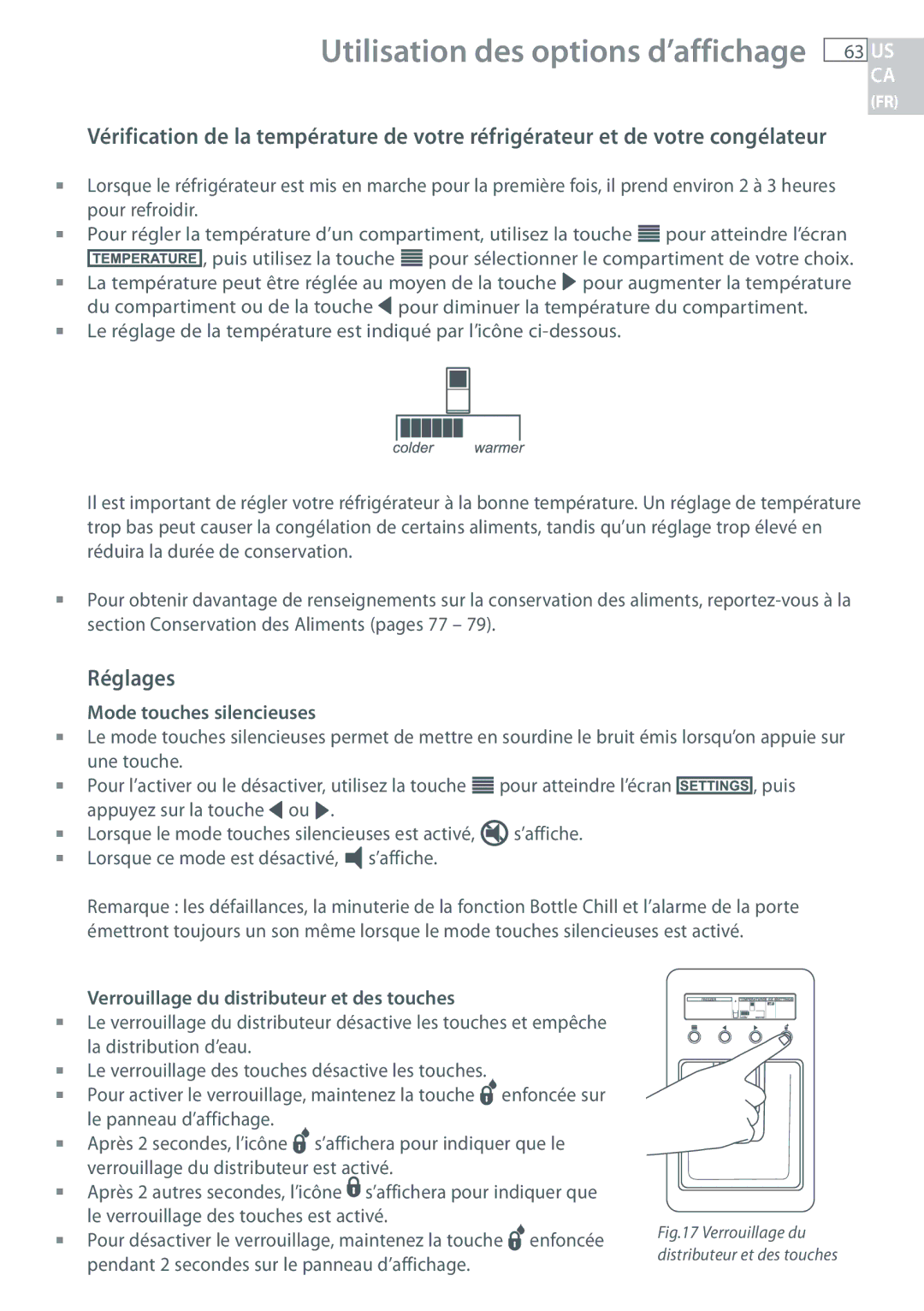 Fisher & Paykel RF135, RF170 Réglages, Mode touches silencieuses, Verrouillage du distributeur et des touches 