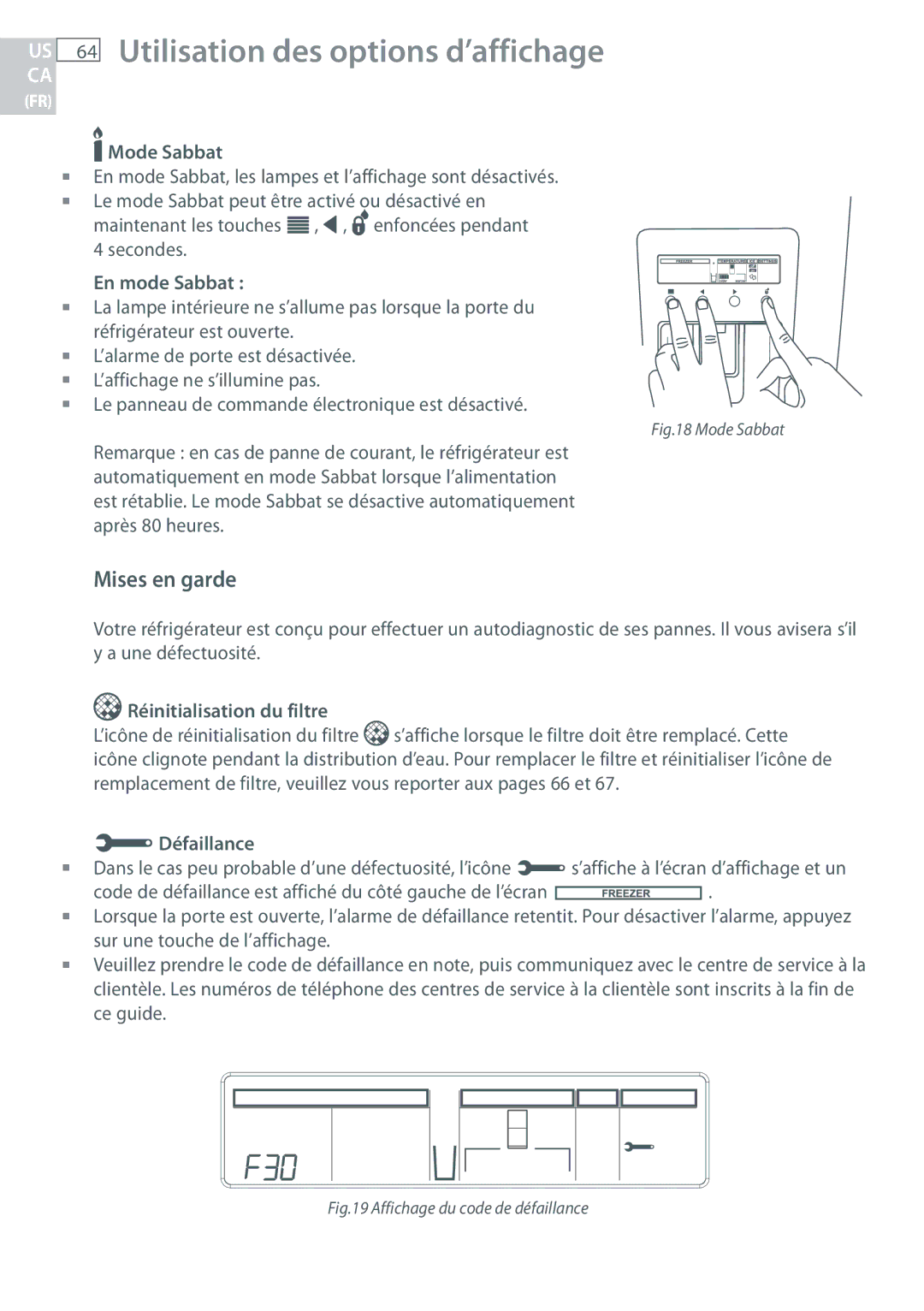 Fisher & Paykel RF170, RF135 Mises en garde, Mode Sabbat, En mode Sabbat , Réinitialisation du filtre, Défaillance 