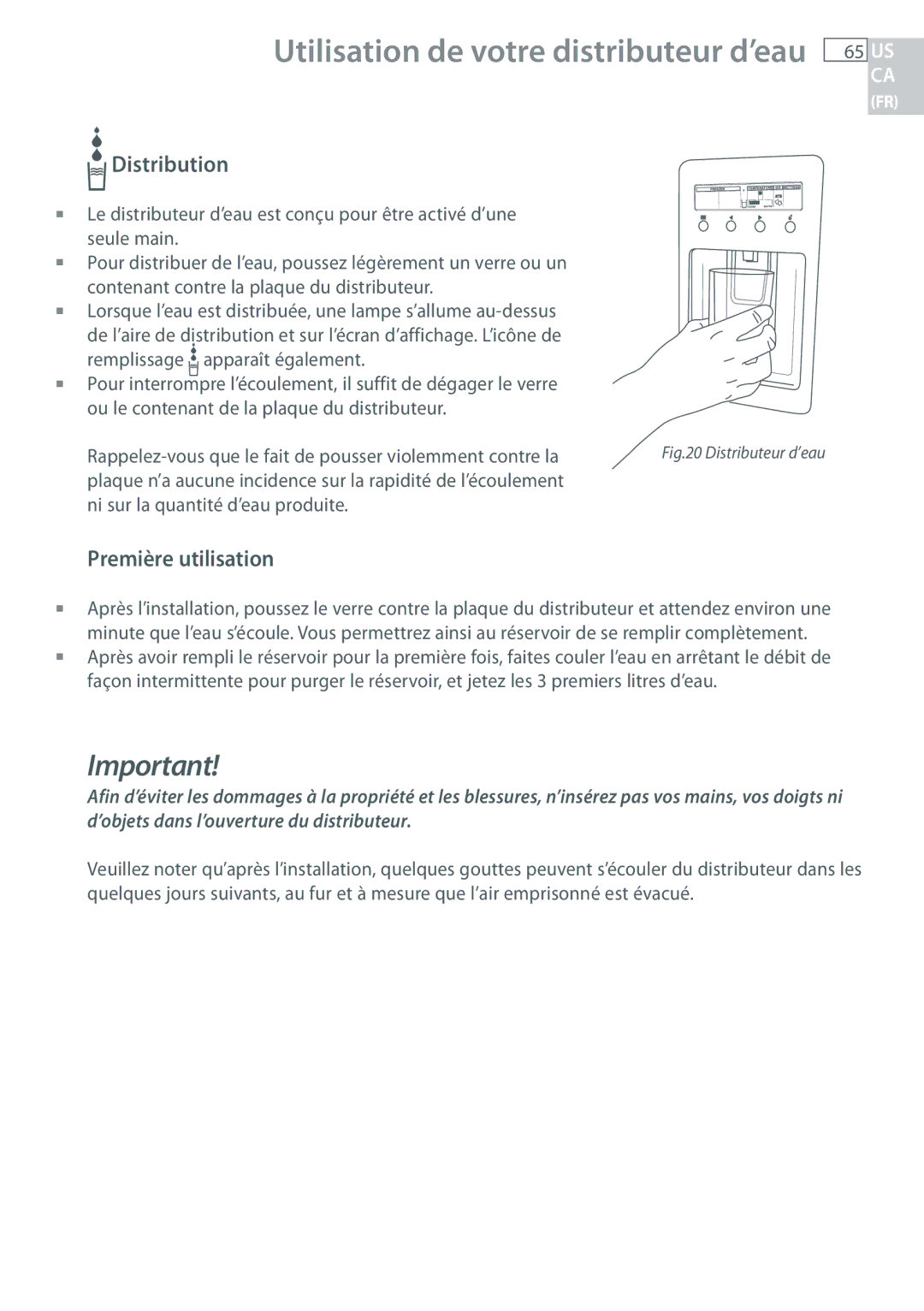 Fisher & Paykel RF135, RF170 installation instructions Distribution, Première utilisation 