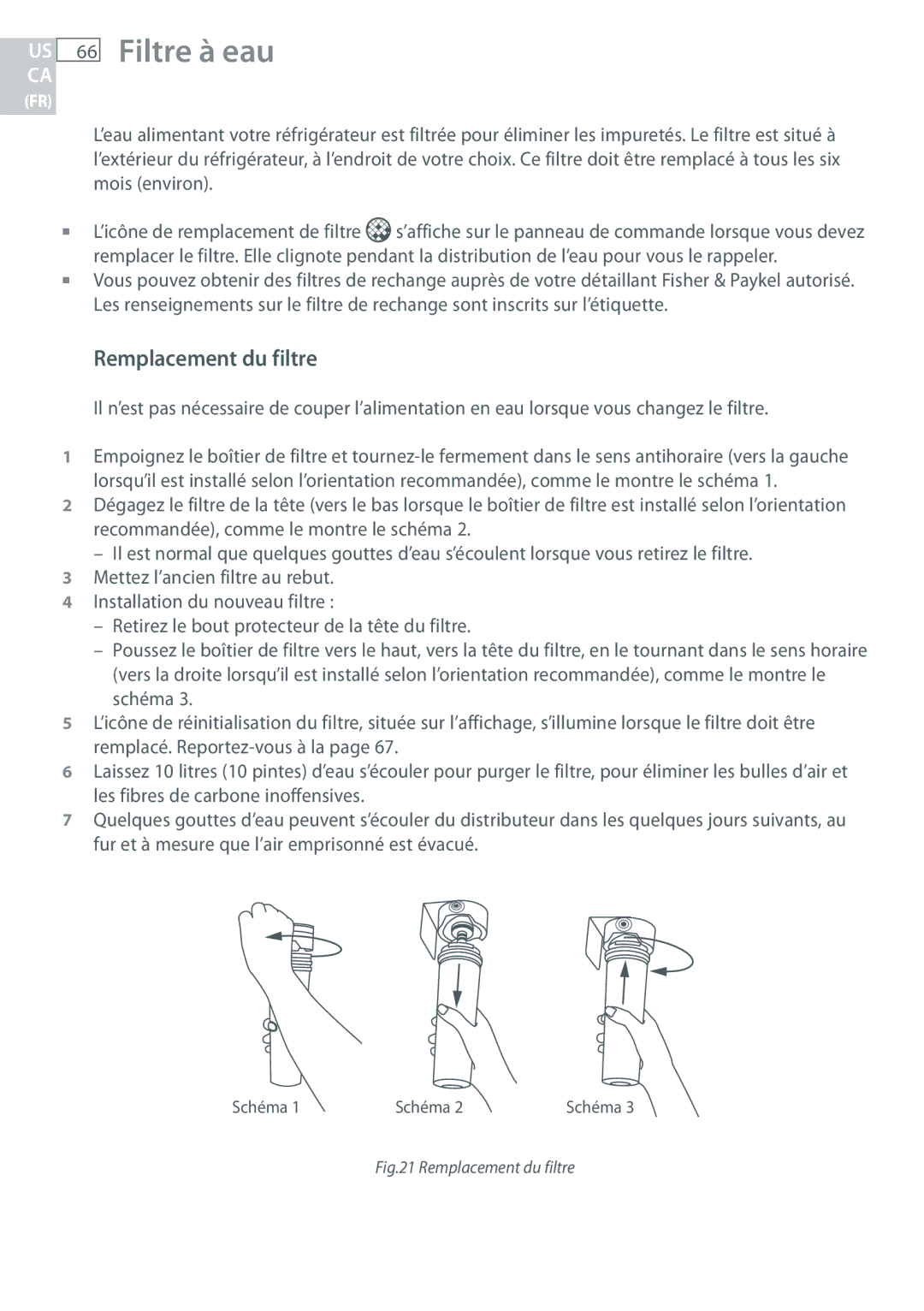 Fisher & Paykel RF170, RF135 installation instructions Filtre à eau, Remplacement du filtre 