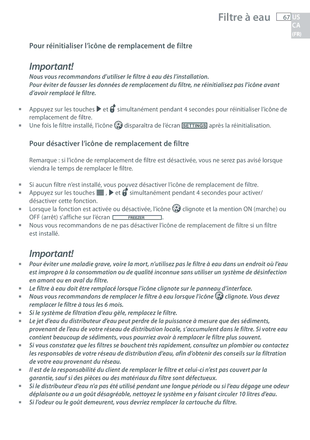 Fisher & Paykel RF135, RF170 installation instructions Pour réinitialiser l’icône de remplacement de filtre 