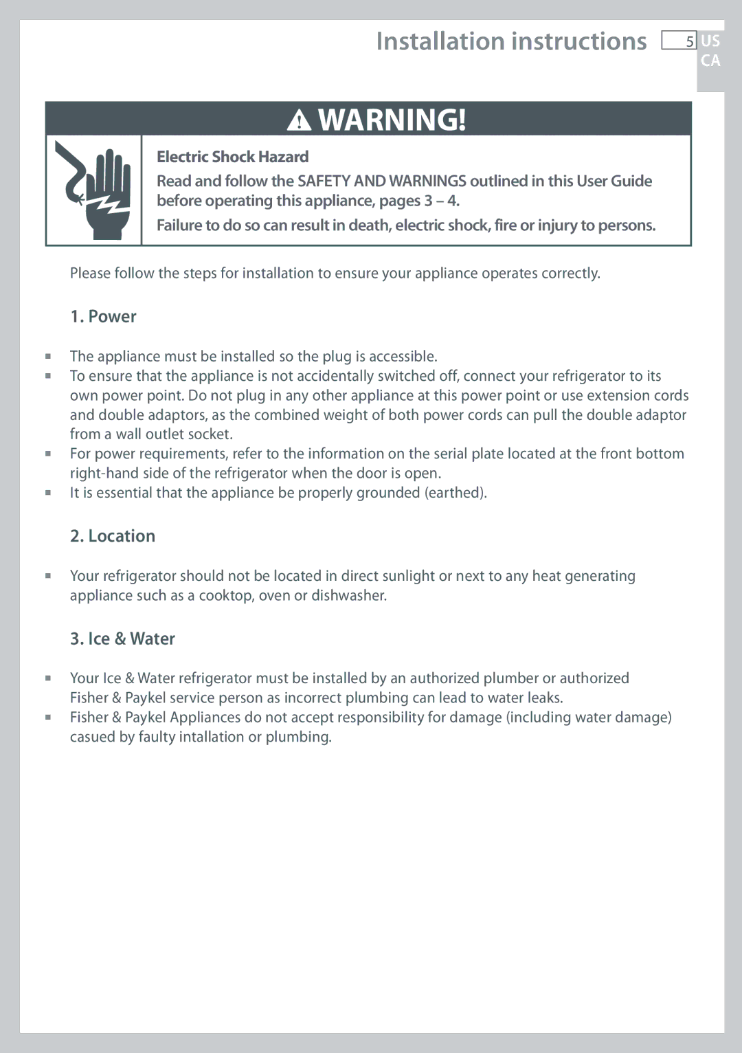 Fisher & Paykel RF135, RF170 installation instructions Installation instructions, Power, Location, Ice & Water 