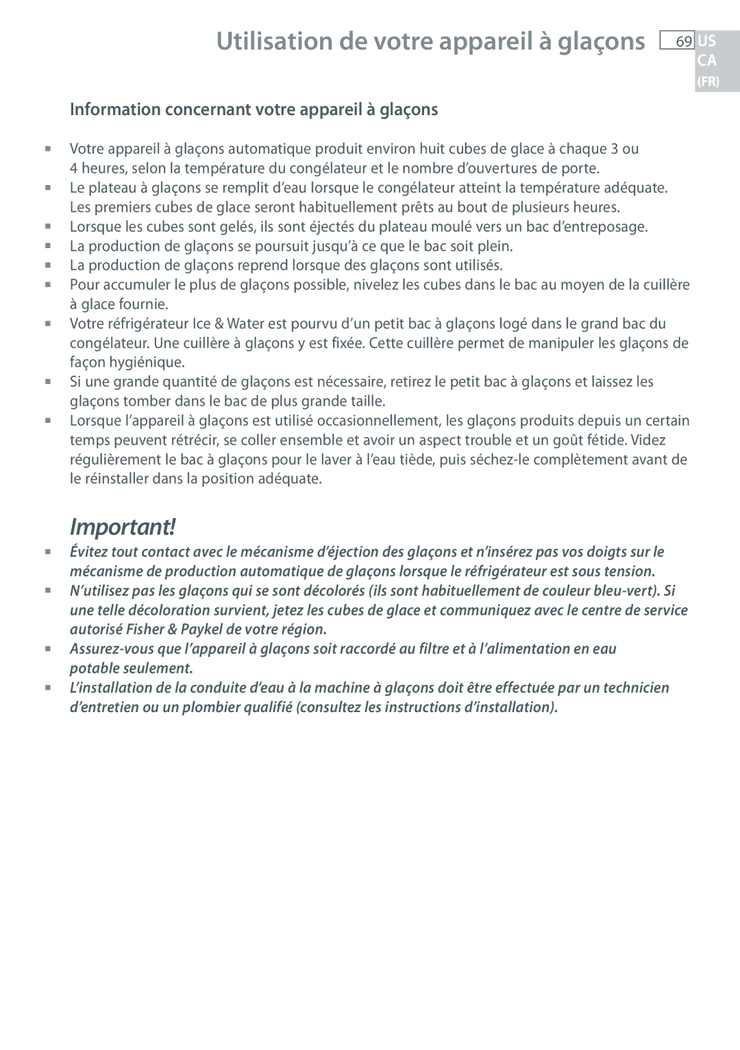 Fisher & Paykel RF135, RF170 installation instructions Information concernant votre appareil à glaçons 