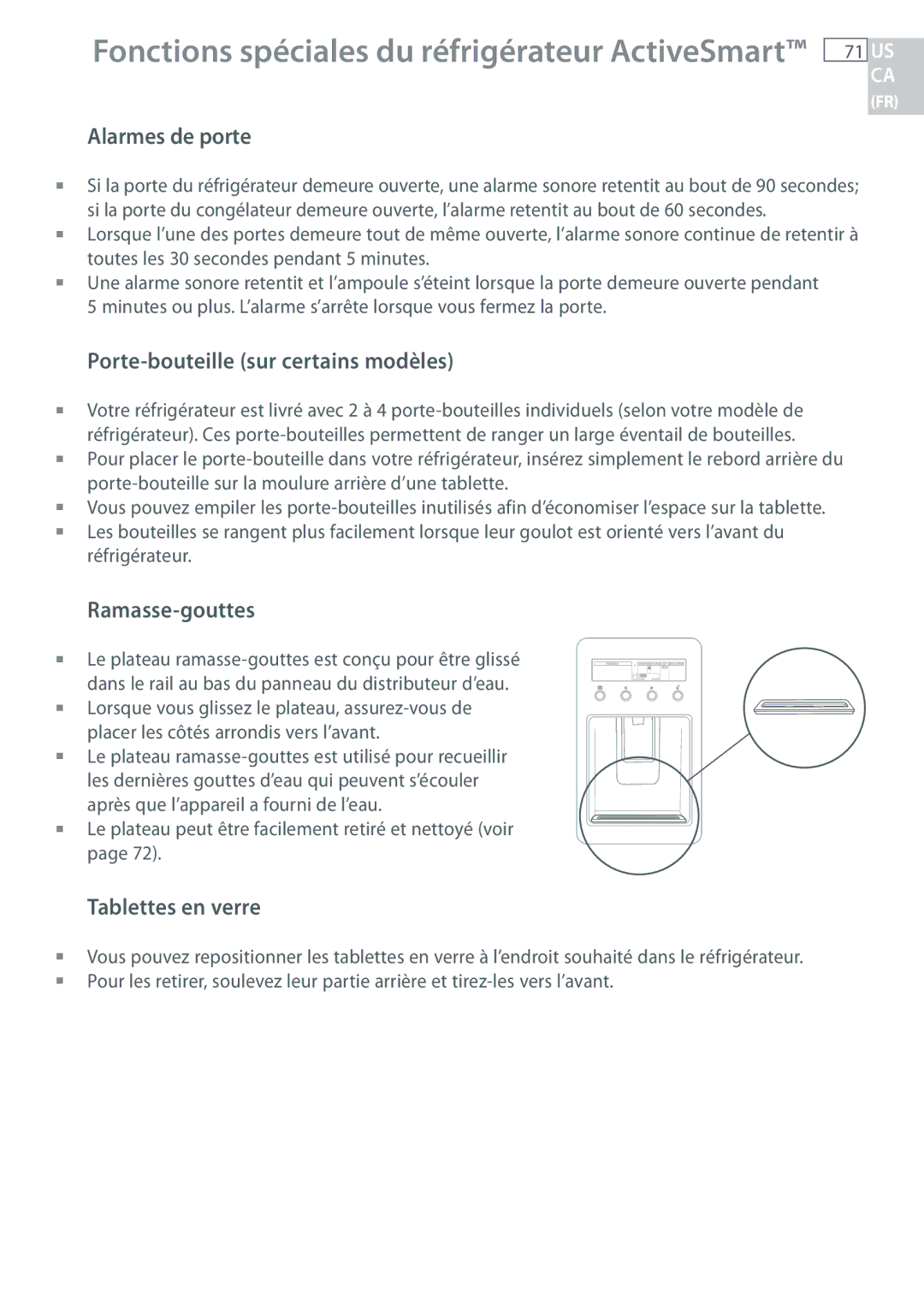 Fisher & Paykel RF135, RF170 Alarmes de porte, Porte-bouteille sur certains modèles, Ramasse-gouttes, Tablettes en verre 