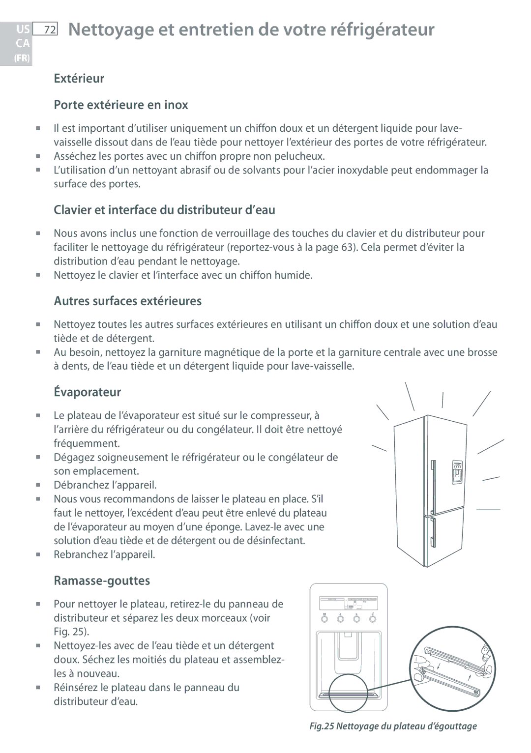 Fisher & Paykel RF170 Nettoyage et entretien de votre réfrigérateur, Extérieur Porte extérieure en inox, Évaporateur 