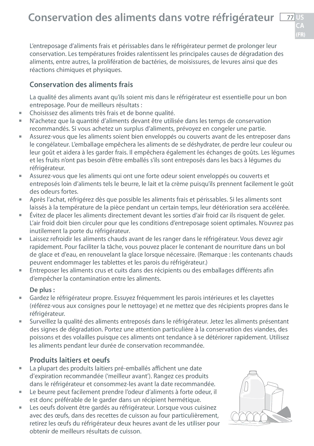 Fisher & Paykel RF135, RF170 installation instructions Conservation des aliments frais, Produits laitiers et oeufs, De plus  