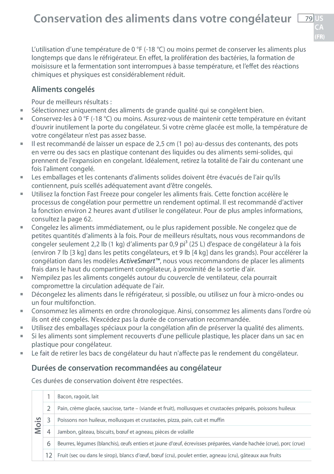 Fisher & Paykel RF135, RF170 installation instructions Aliments congelés, Durées de conservation recommandées au congélateur 