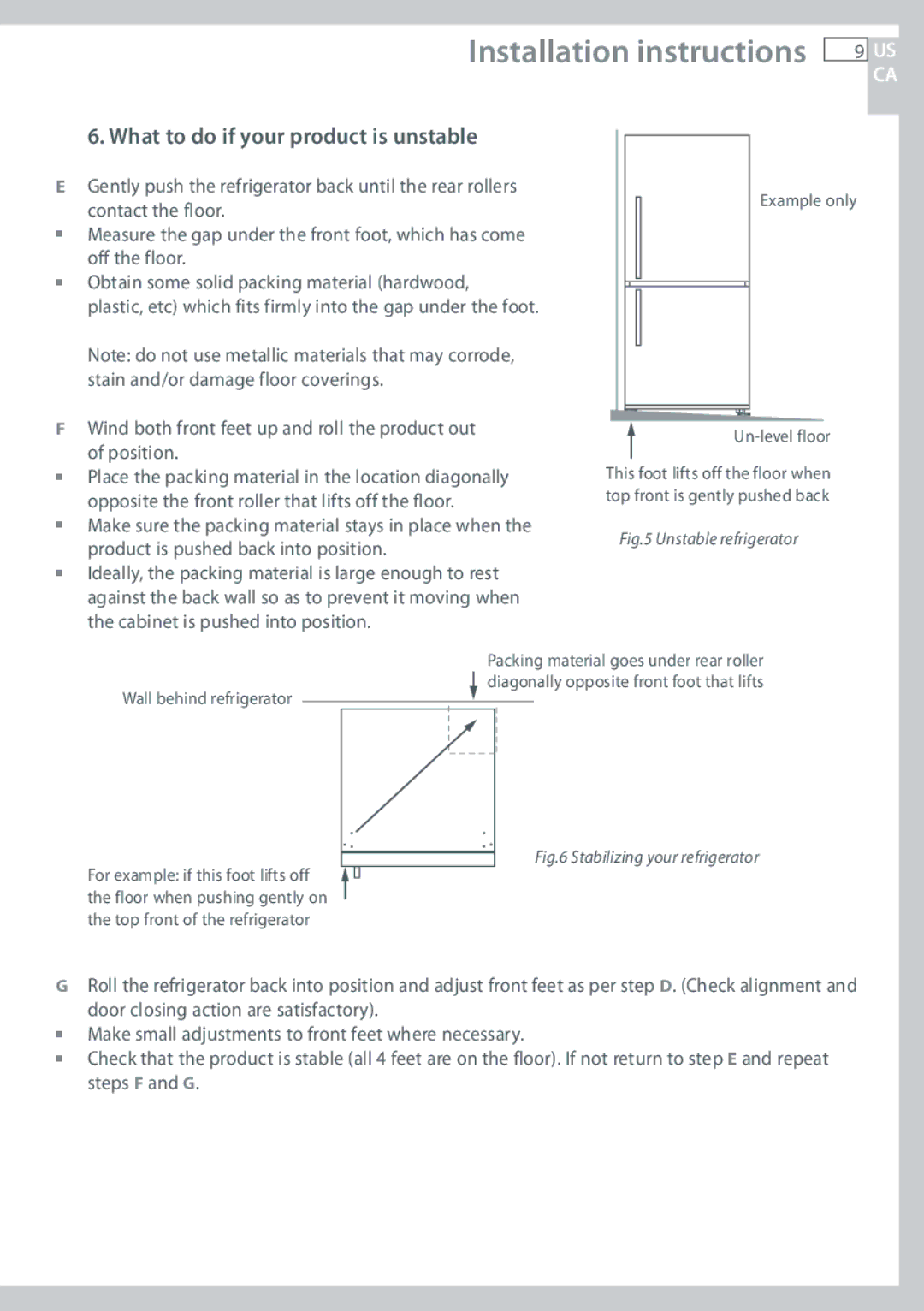 Fisher & Paykel RF135, RF170 installation instructions What to do if your product is unstable, Wall behind refrigerator 