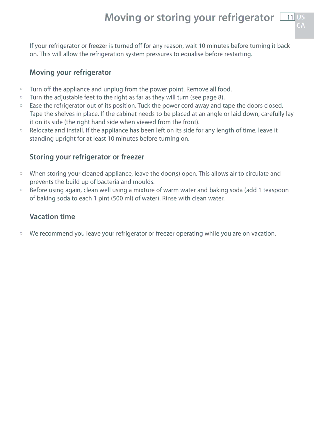 Fisher & Paykel RF135, RF170 Moving your refrigerator, Storing your refrigerator or freezer, Vacation time 