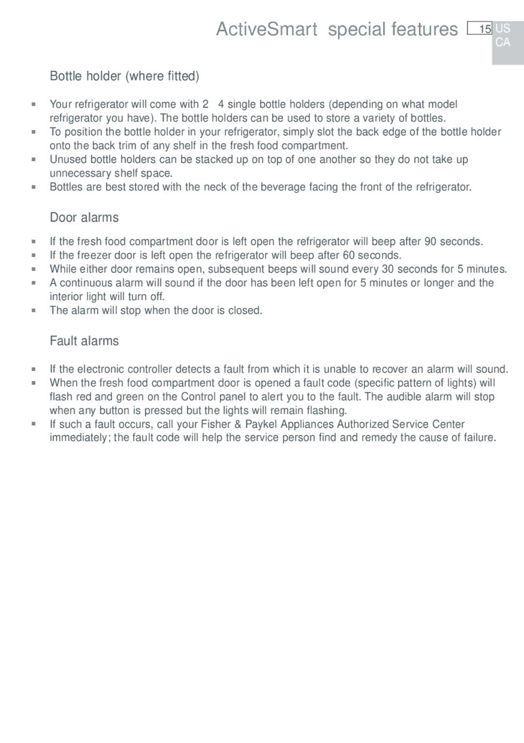 Fisher & Paykel RF135, RF170 installation instructions Bottle holder where fitted, Door alarms, Fault alarms 