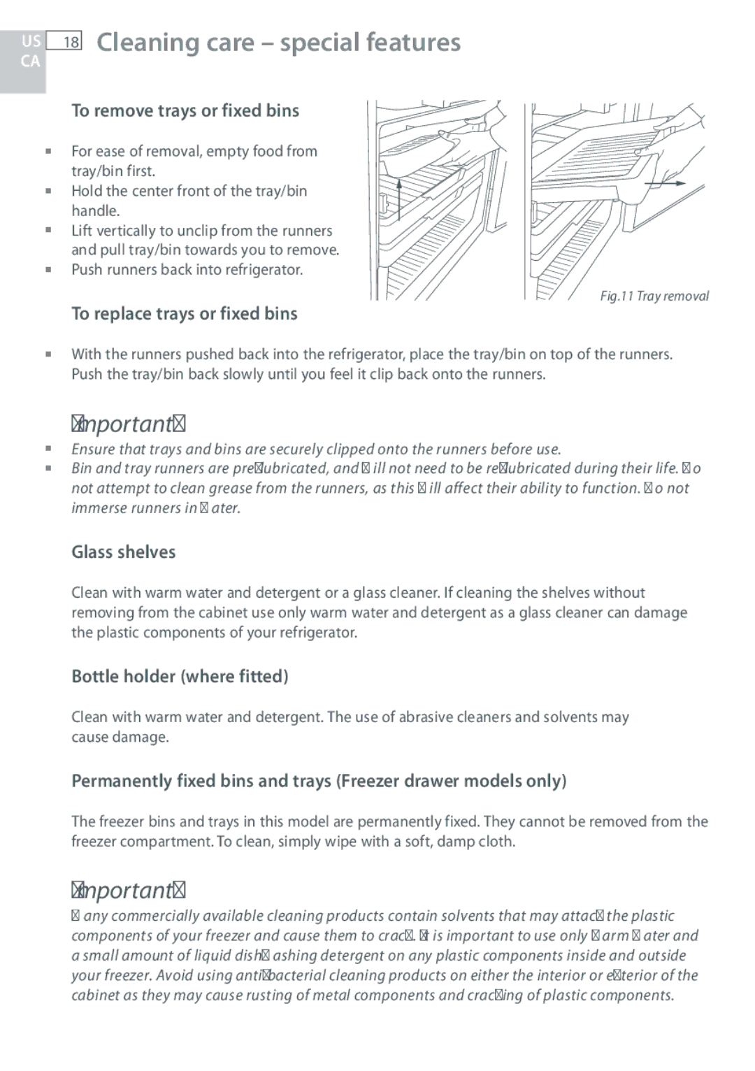 Fisher & Paykel RF170 US 18 Cleaning care special features, To remove trays or fixed bins, To replace trays or fixed bins 