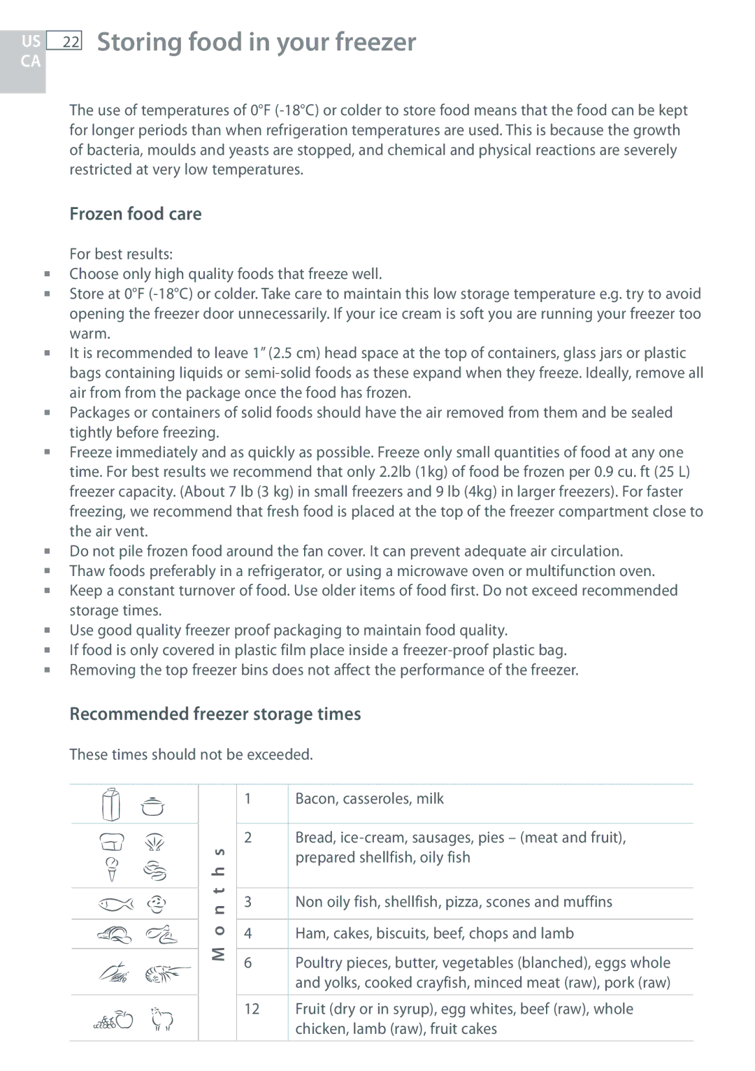 Fisher & Paykel RF170, RF135 Storing food in your freezer, Frozen food care, Recommended freezer storage times 