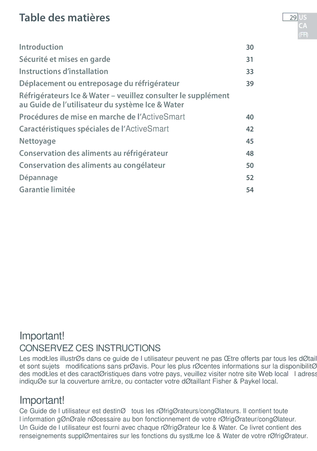 Fisher & Paykel RF135, RF170 installation instructions Table des matières 