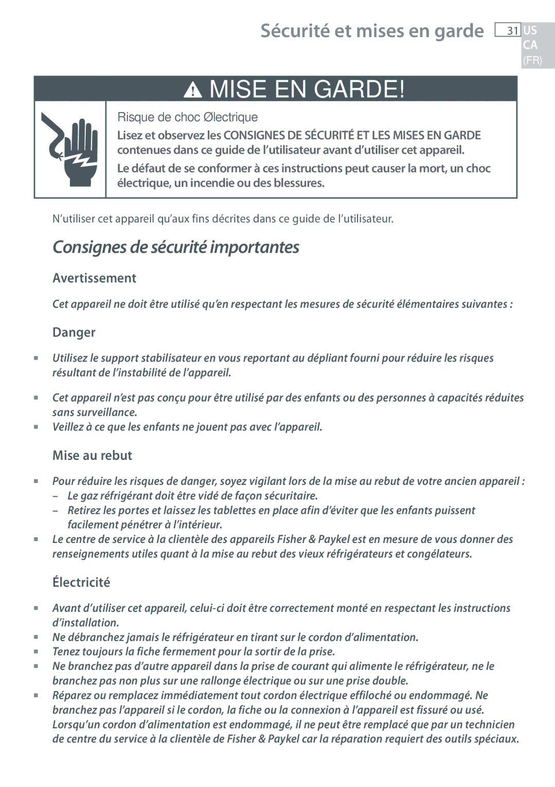 Fisher & Paykel RF135, RF170 installation instructions Sécurité et mises en garde, Avertissement, Mise au rebut, Électricité 