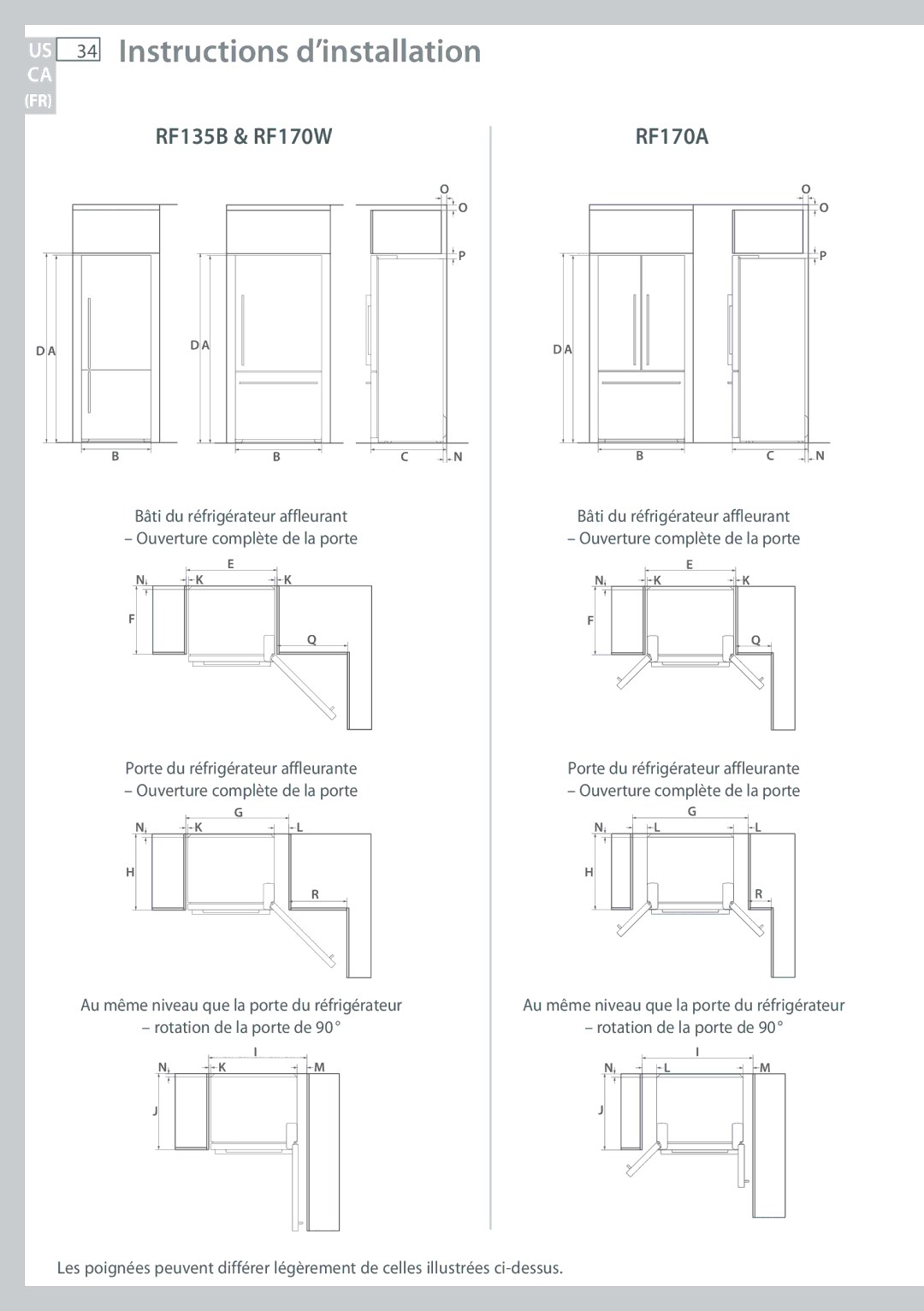 Fisher & Paykel installation instructions US 34 Instructions d’installation, RF135B & RF170W 