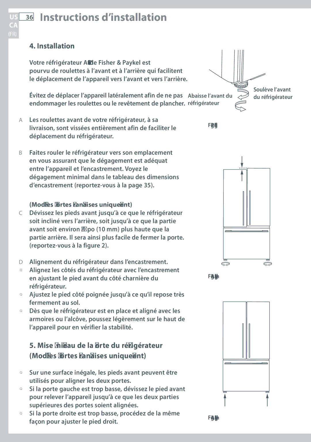 Fisher & Paykel RF170, RF135 US 36 Instructions d’installation, Modèles à portes françaises uniquement 