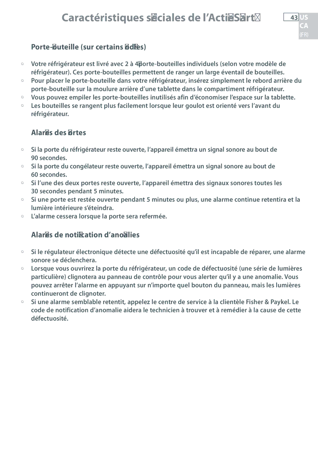 Fisher & Paykel RF135, RF170 Porte-bouteille sur certains modèles, Alarmes des portes, Alarmes de notification d’anomalies 