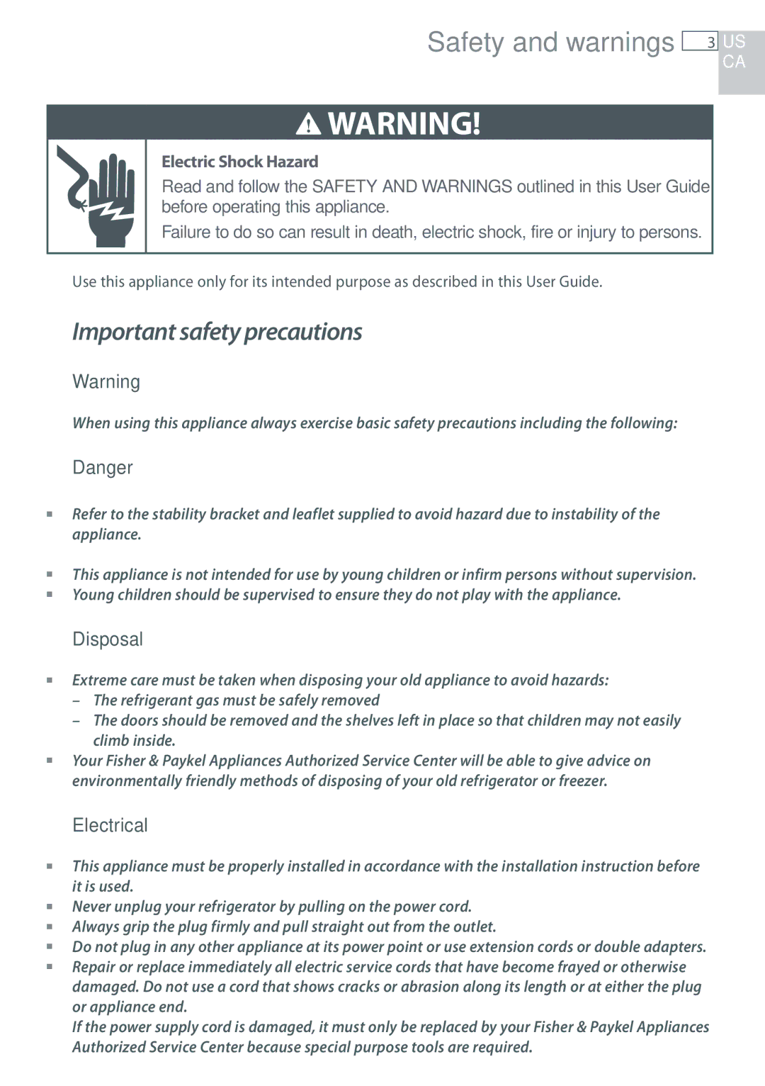 Fisher & Paykel RF135, RF170 installation instructions Safety and warnings, Disposal, Electrical 