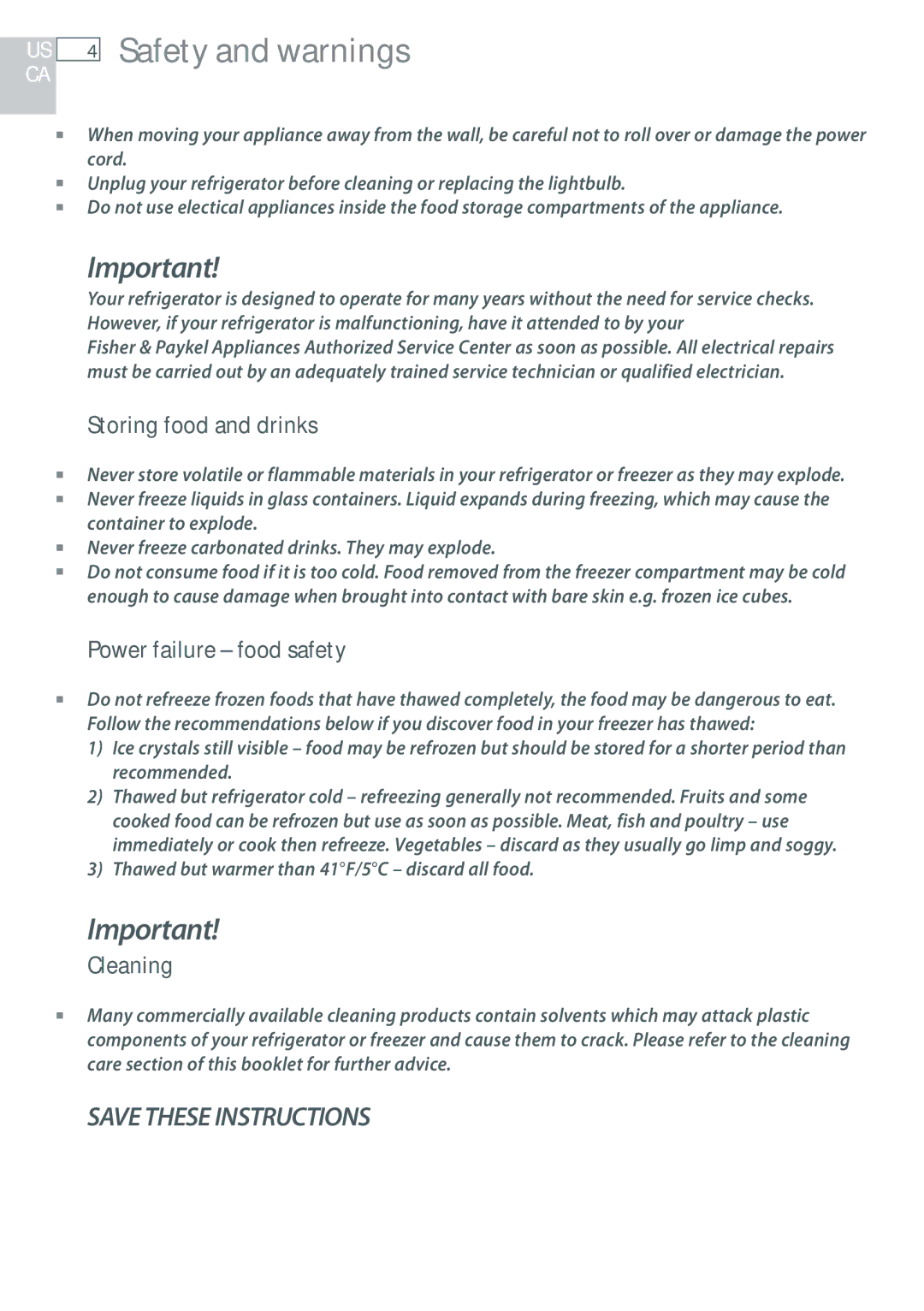 Fisher & Paykel RF170, RF135 installation instructions Storing food and drinks, Power failure food safety, Cleaning 