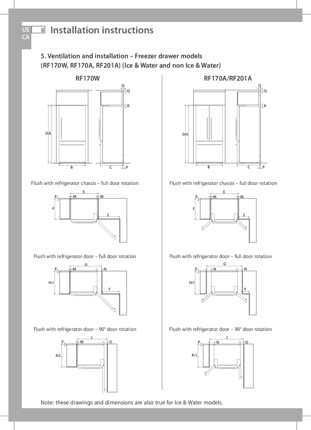 Fisher & Paykel RF170W, E522B, RF135B installation instructions RF170A/RF201A 