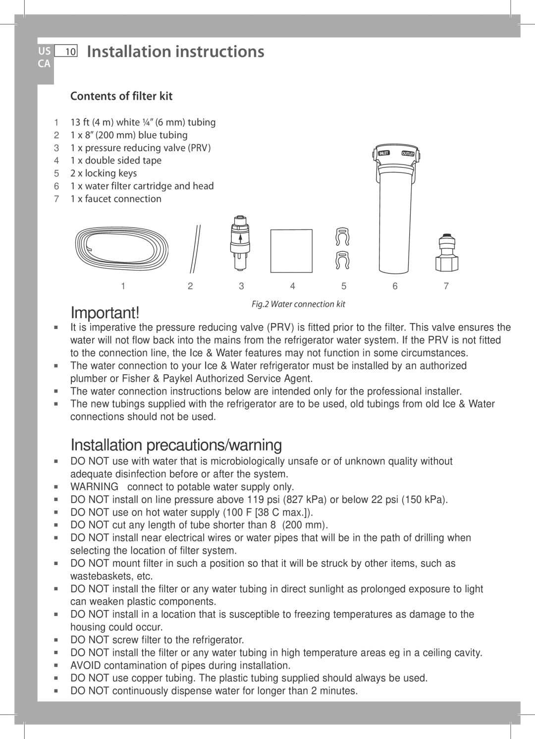 Fisher & Paykel RF201A, RF170W, RF170A, E522B, RF135B Installation precautions/warning, Contents of filter kit 