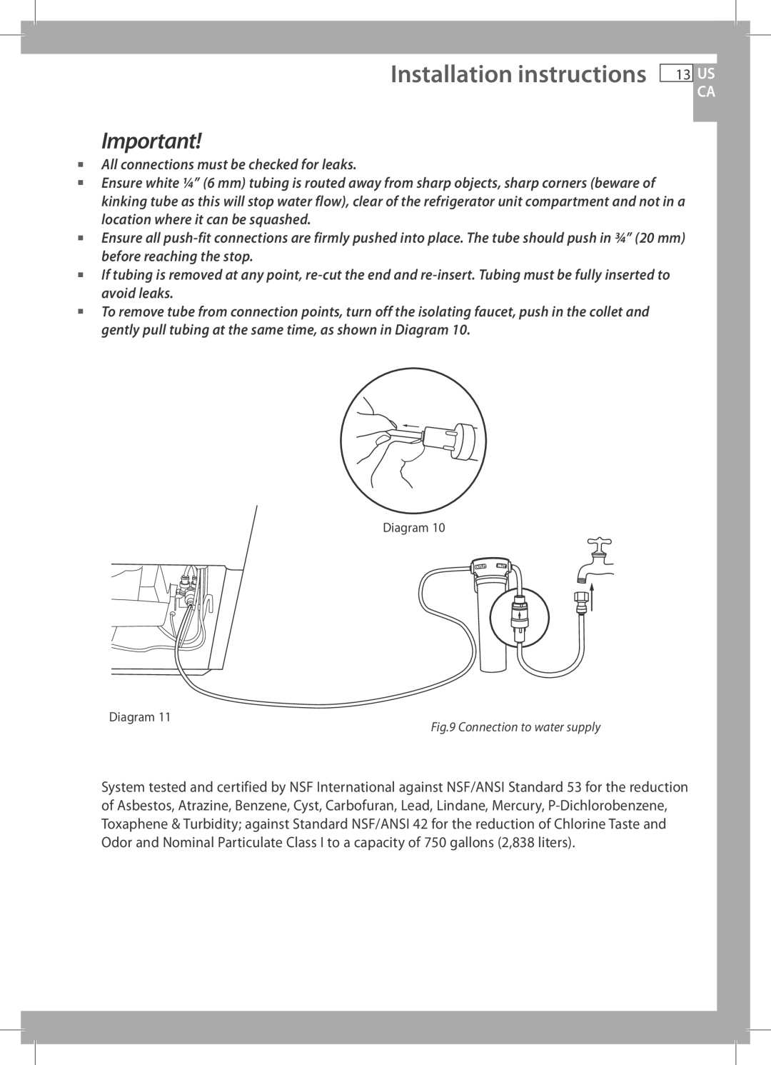 Fisher & Paykel RF170W, RF170A, RF201A, E522B, RF135B installation instructions Connection to water supply 