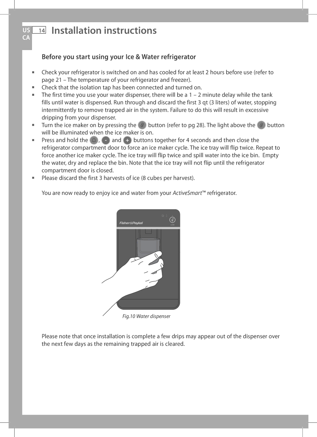 Fisher & Paykel RF170A, RF170W, E522B US 14 Installation instructions, Before you start using your Ice & Water refrigerator 