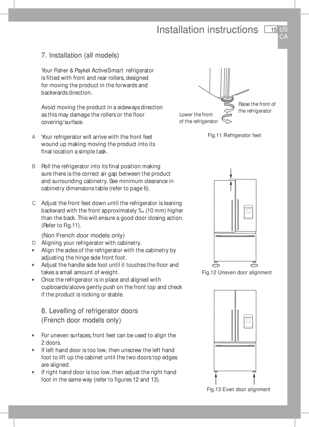 Fisher & Paykel RF201A, RF170W, RF170A, E522B, RF135B Installation all models, Non French door models only 